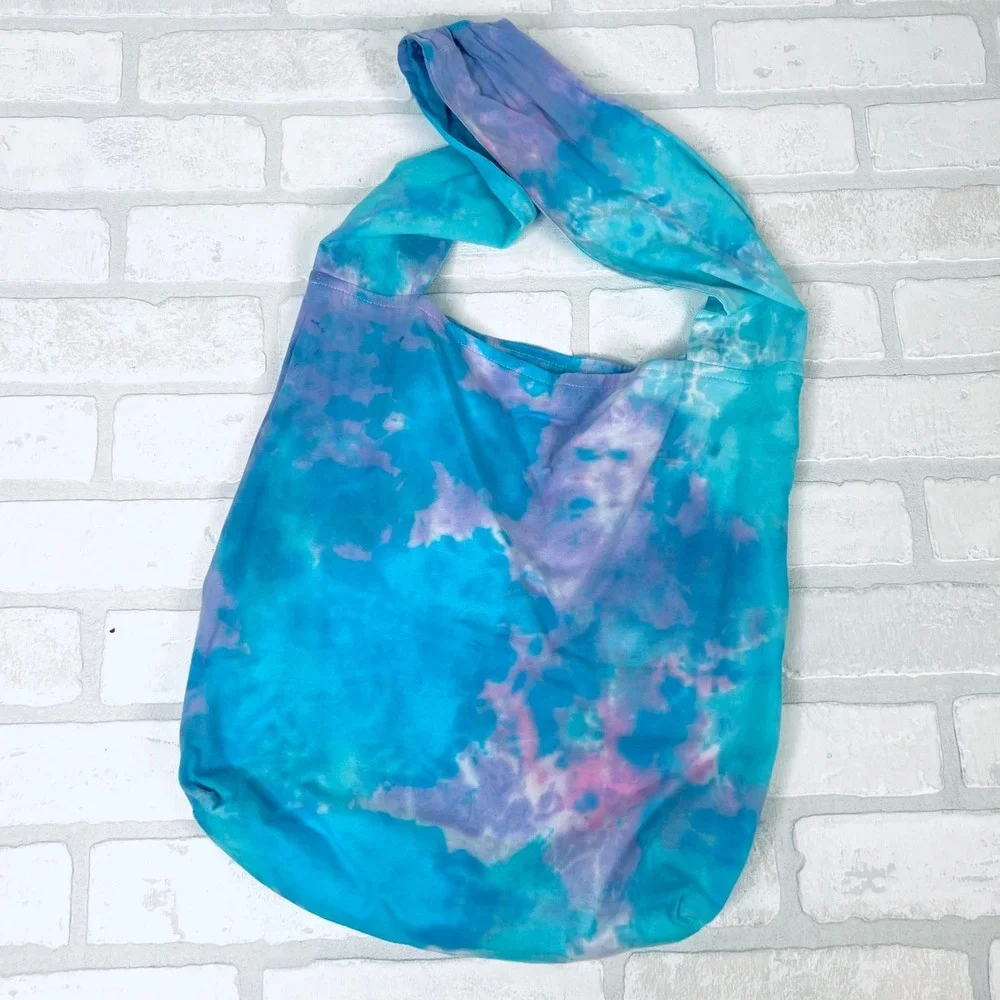 Tie Dye Slouchy Hobo Bag Turquoise Purple Pink Cotton Shoulder Tote